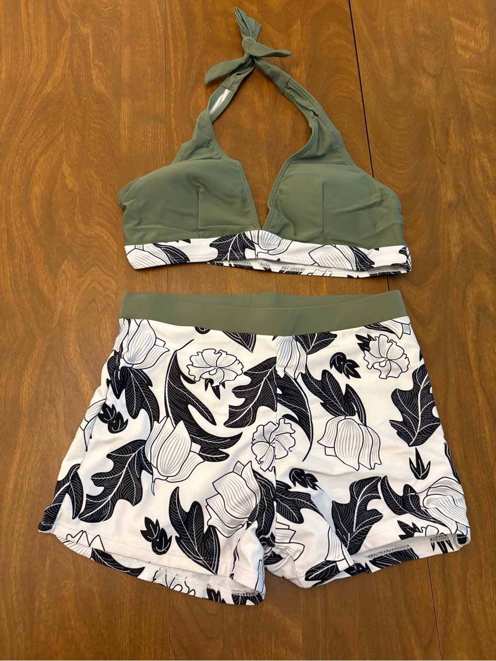 Olive Green Halter Swim Top and Floral Boardshorts Set